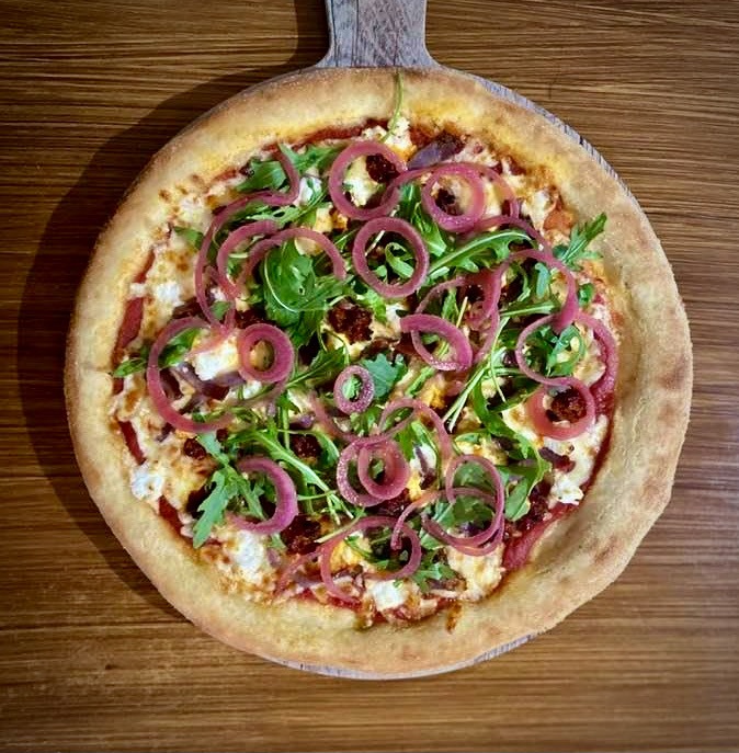 Spicy Coppa & Nduja, Goats Cheese & Pickled Red Onion Pizza Baracca